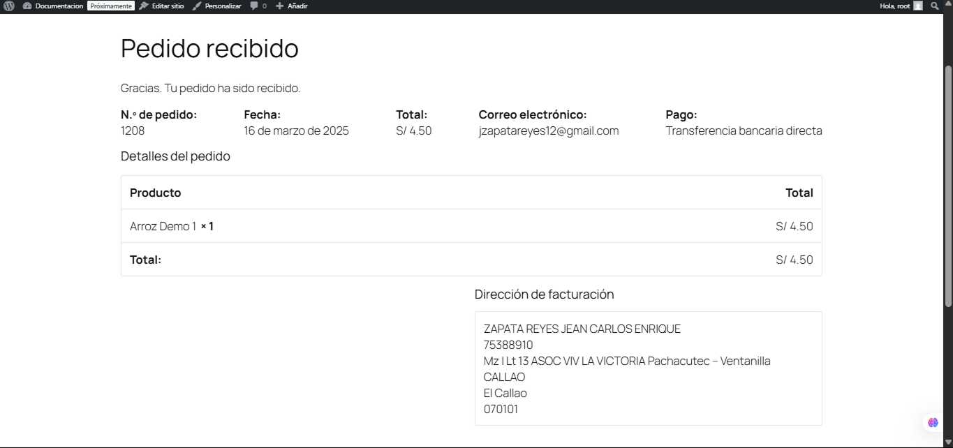 Página de orden recibida